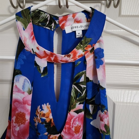 Rose Olive Blue Floral Keyhole Halter Neck Sleeveless Layered Top Womens Med C45 - Picture 3 of 5